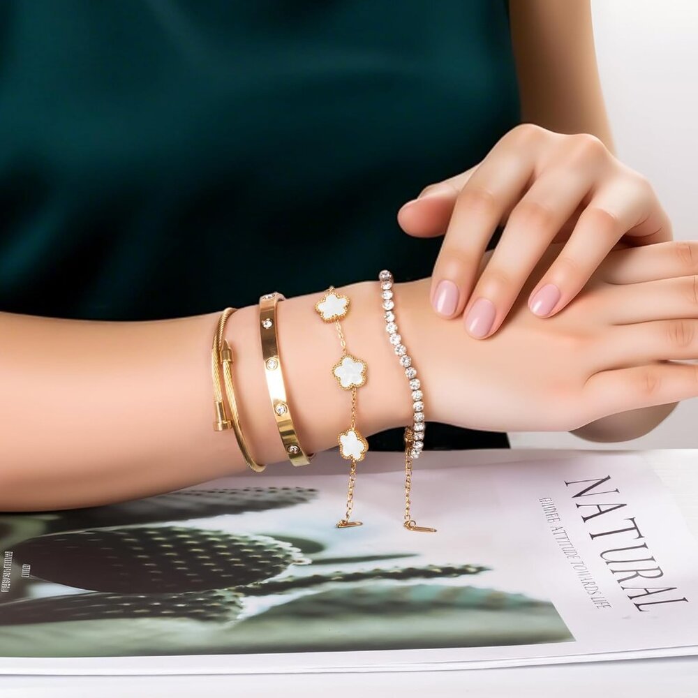 Gold Plated Floral Stackable Bracelets Set Sparkl… - image 2